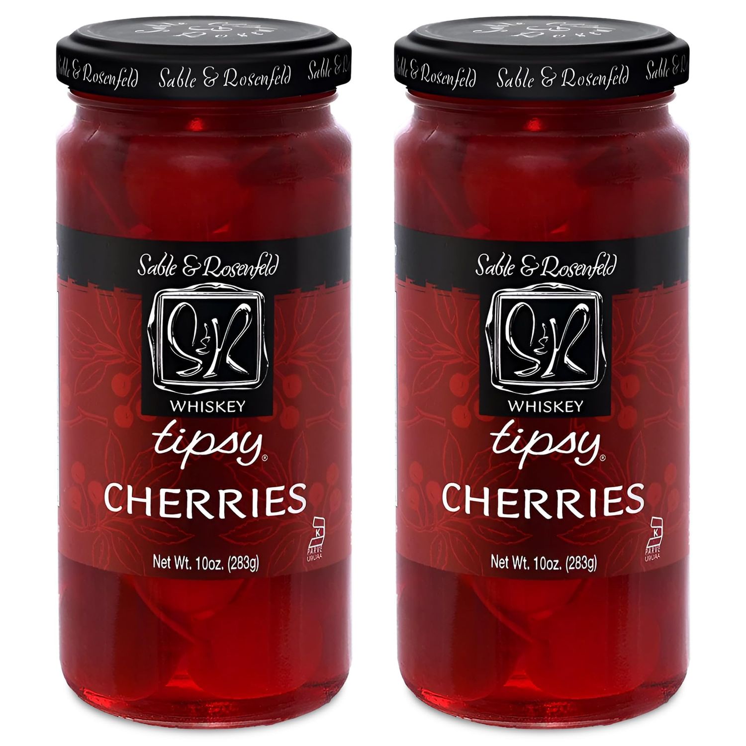 Whiskey Tipsy Cherries Cocktail Garnish - Whiskey Cherries in Spiked Syrup, Premium Cocktail Cherries for Manhattans, Martinis, Dessert, Cheese Tray - Sable &amp; Rosenfeld - 10 oz (Pack 2)
