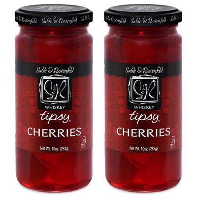 Whiskey Tipsy Cherries Cocktail Garnish - Whiskey Cherries in Spiked Syrup, Premium Cocktail Cherries for Manhattans, Martinis, Dessert, Cheese Tray - Sable &amp; Rosenfeld - 10 oz (Pack 2)