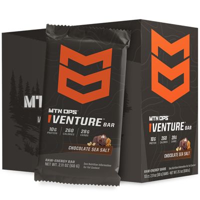 MTN OPS Venture Bar  Chocolate Sea Salt Energy Bar  10g Protein  Gluten-Free Nutrient Dense Peanut-Based Raw Energy Bar  10 Bars per Box