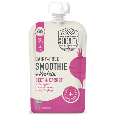 Serenity Kids 6 Months Dairy-Free Smoothie Baby Food Pouch - USDA Organic - Grass Fed Collagen Protein - 3.5 Ounce BPA-Free Pouch - Beet &amp; Carrot - 6 Count
