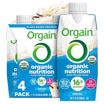 Orgain Organic Nutritional Vegan Protein Shake, Vanilla Bean - 16g Plant Based Protein, Meal Replacement, 21 Vitamins &amp; Minerals, Fruits &amp; Vegetables, Gluten Free, Non-GMO, 11 Fl Oz (Pack of 4)