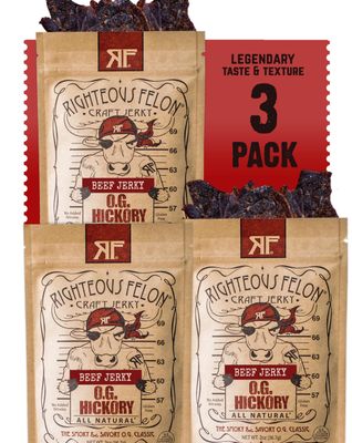 Righteous Felon Beef Jerky - OG Hickory Flavor - All-Natural Jerky - Locally Sourced &amp; Dried Beef Jerky - Low-Sugar, High-Protein, Healthy Snacks - 2 Ounces Each, Pack of 3