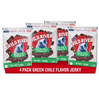 Wild River Green Chile Beef Jerky, Old Fashioned 100% Beef Jerky, Gluten Free, Deliciously Seasoned Protein Snacks, Savory Meat Snack for Lunches, Ready to Eat, 15g of Protein, 3.5 Ounce (Pack of 4)