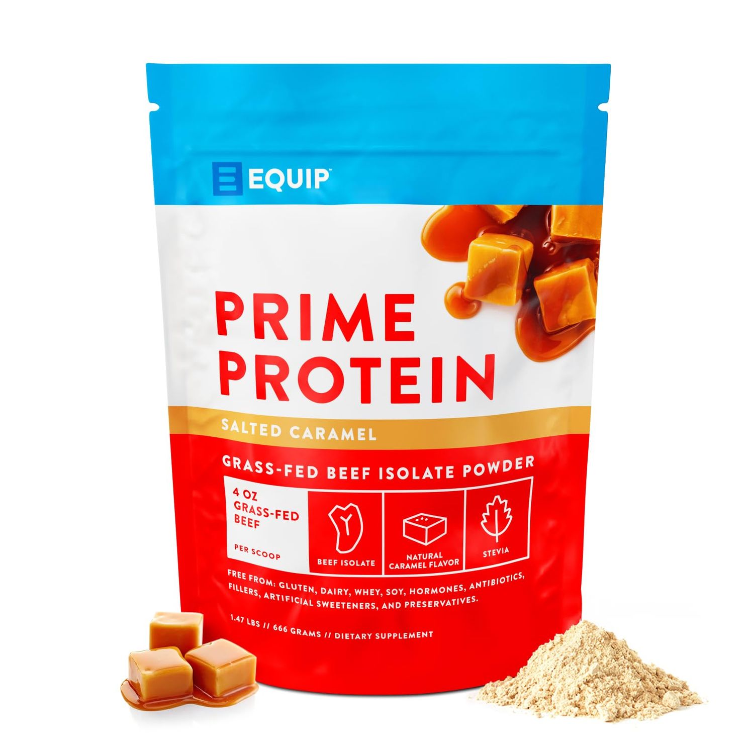 Equip Foods Prime Protein Powder  Clean, Grass Fed Beef Protein Isolate  Carnivore Protein Powder  Paleo, Keto Friendly  Gluten, Dairy Free  30 Servings, Salted Caramel