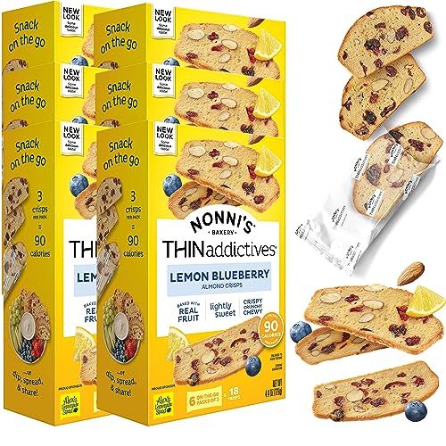 Nonni&#39;s THINaddictives Almond Thin Cookies - 6 Boxes Lemon Blueberry Cookie Thins - Almond Cookies - Sweet Crunchy &amp; Chewy - Biscotti Individually Wrapped Cookies - Kosher Coffee Cookies - 4.4 oz