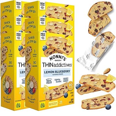 Nonni&#39;s THINaddictives Almond Thin Cookies - 6 Boxes Lemon Blueberry Cookie Thins - Almond Cookies - Sweet Crunchy &amp; Chewy - Biscotti Individually Wrapped Cookies - Kosher Coffee Cookies - 4.4 oz