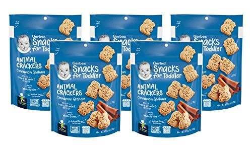 Gerber Snacks for Toddler Animal Crackers, Cinnamon Graham, Toddler Snack Baked with Whole Grains &amp; Non-GMO Ingredients, 6 Ounce Resealable Pouch Each (Pack of 5)