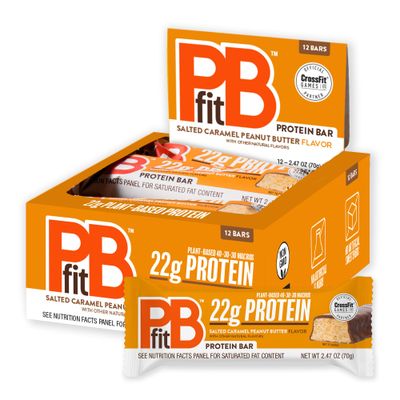 PBfit Salted Caramel Peanut Butter Protein Bars, 22g Protein, Gluten Free, Vegan, Plant-Based 40-30-30 Macros, 2.47 Oz (Pack of 12)