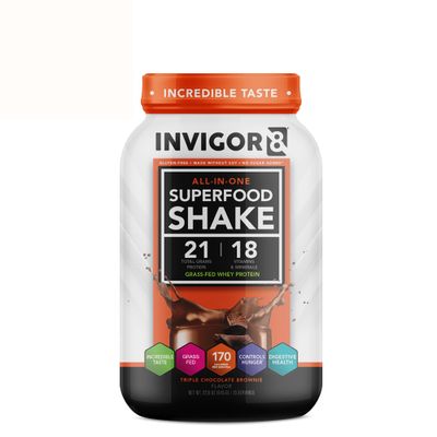 INVIGOR8 Superfood Grass Fed Whey Protein Isolate Shake Chocolate Brownie Gluten-Free and Non GMO Meal Replacement with Probiotics and Omega 3 (645g)