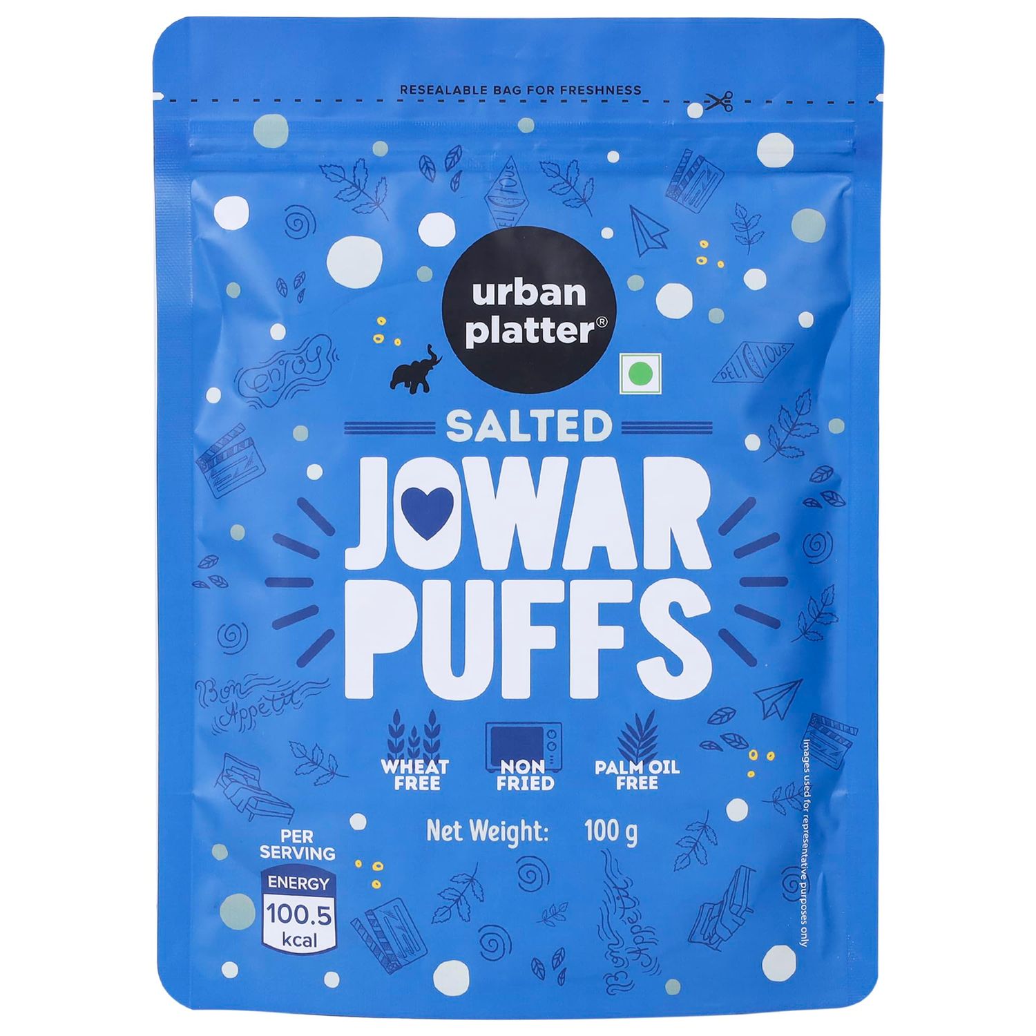Urban Platter Salted Jowar Puffs  Crispy, Non-Fried Jowar Snack  Gluten-Free &amp; Wheat-Free  No Palm Oil  Ideal for Tea-Time, Office, Travel &amp; Anytime Snacking  3.53 Oz (100g)