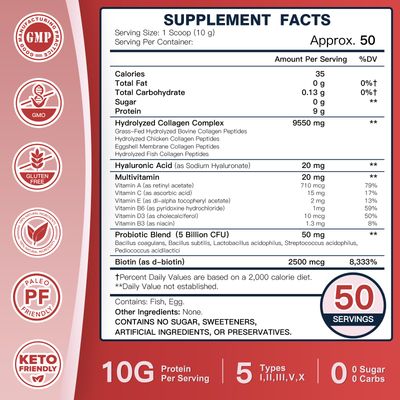 DRFOSTER Multi-Collagen-Peptide-Powder with Probiotics, 50 Servings of Hydrolyzed Collagen Peptides with Hyaluronic Acid, Biotin &amp; Multivitamins - Supports Skin, Hair, Nails Health