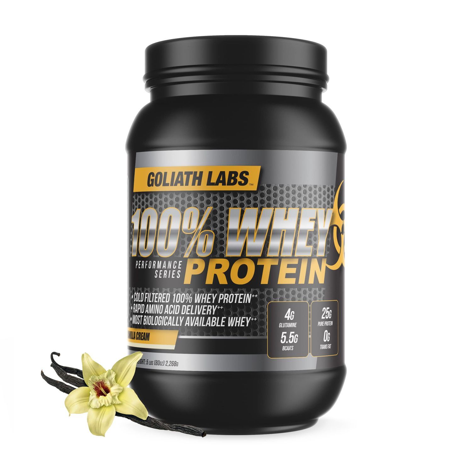 Goliath Labs 100% Whey Protein Powder Isolate/Blend  Fast-Absorbing Workout Supplements for Men and Women  25g of Pure Protein and 5.5g of BCAAs in Each Serv  Vanilla, 5 lbs, 68 Servings