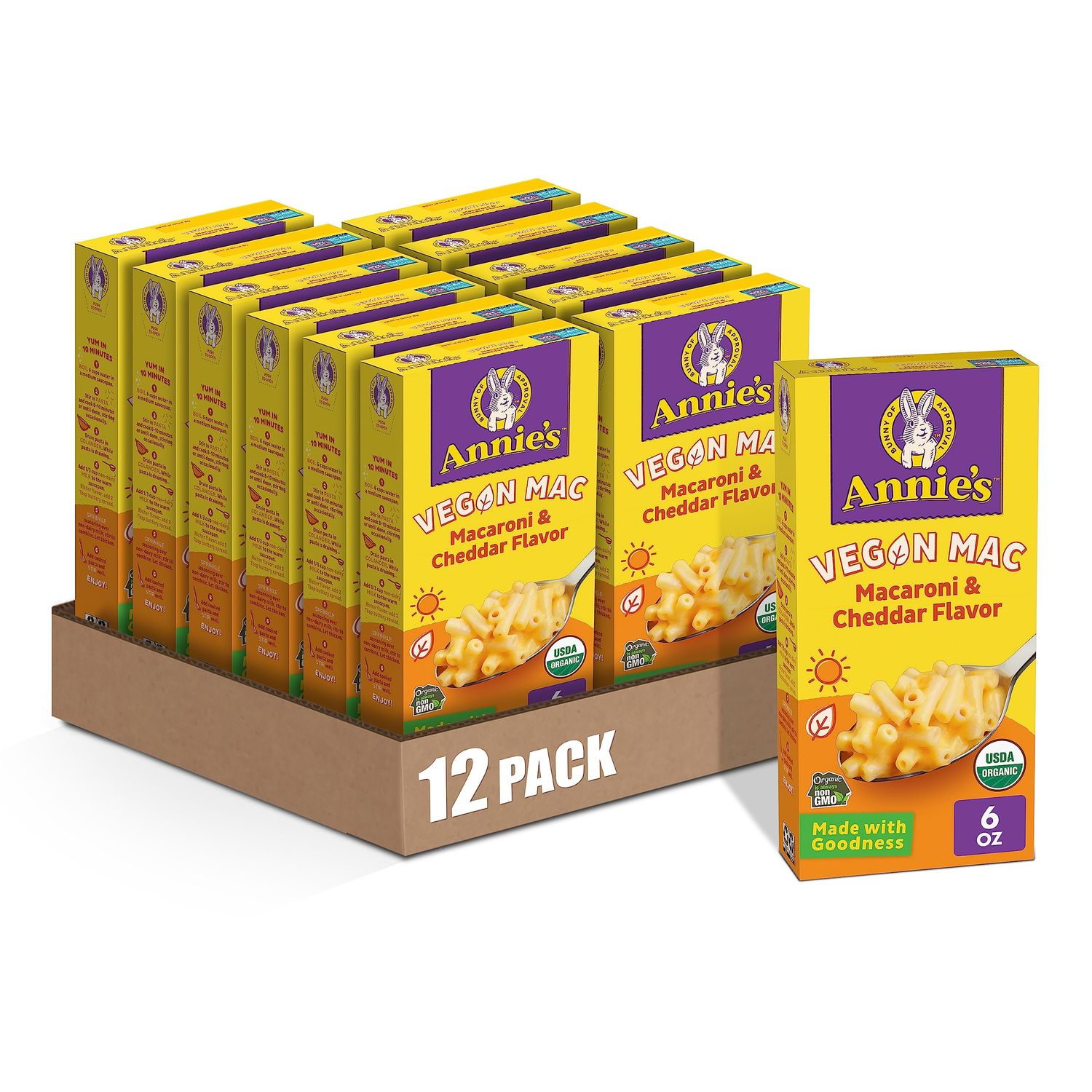 Annie&#39;s Vegan Mac and Cheddar Flavor Pasta and Sauce, Organic, Plant Based, Dinner Side or Snacks, 6 oz (Pack of 12)
