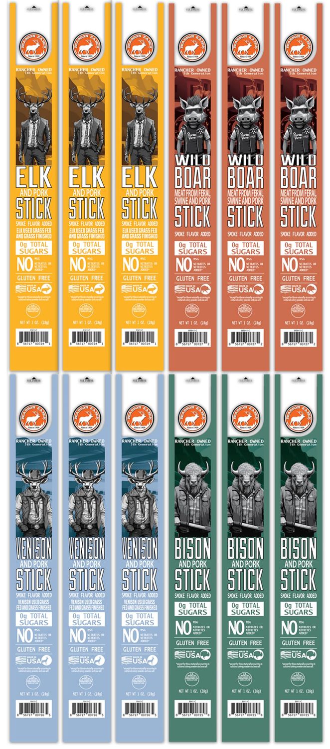 PEARSON RANCH Meat Sticks Variety Pack of 12 - Elk, Buffalo, Venison, Wild Boar - Exotic Jerky Sticks, No Added Nitrites, High-Protein Sticks, Paleo and Keto Friendly Meat Snacks (1oz sticks)
