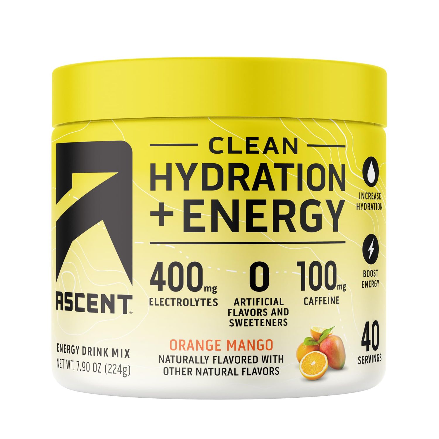 Ascent Clean Hydration  Energy Electrolytes Powder - 100mg Caffeine, 400mg Electrolytes, No Artificial Ingredients, Orange Mango 40 Servings