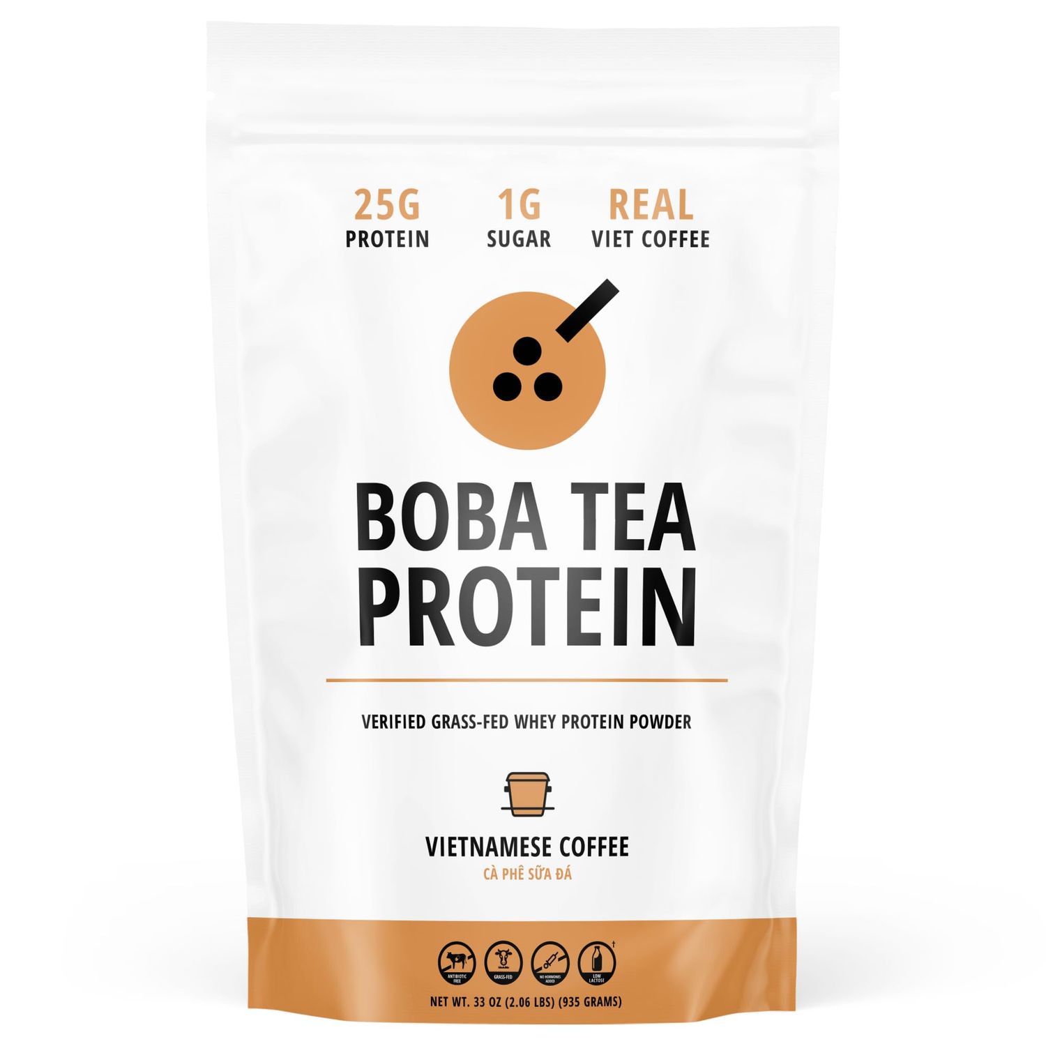 Boba Tea Protein Vietnamese Coffee  25g Grass-Fed Whey Protein Isolate Powder  112mg Caffeine  Gluten-Free &amp; Soy-Free Bubble Tea Drink  Real Ingredients &amp; Lactose-Free Protein Drink  25 Servings