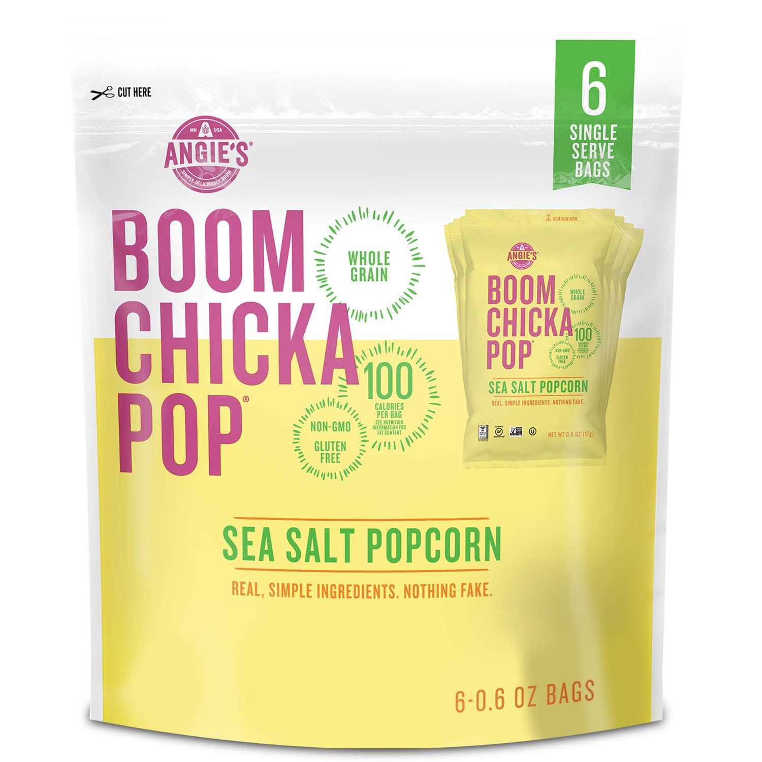 Angie&#39;s BOOMCHICKAPOP Sea Salt Popcorn, 0.6 oz. 6-Count (Pack of 4)