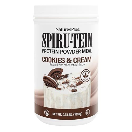 Natures Plus SPIRU-TEIN Shake - Cookies &amp; Cream - 2.3 lbs, Spirulina Protein Powder - Plant Based Meal Replacement, Vitamins &amp; Minerals for Energy - Vegetarian - 30 Servings