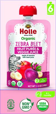 Holle Organic Baby Food Pouches - Zebra Beet Baby Puree with Apple, Banana &amp; Beetroot - (6 Pack) Organic Baby Snacks  Fruit and Veggie Pouches for Weaning Babies 6 Months and Older