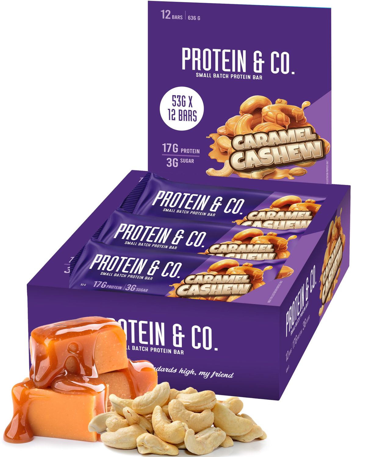Protein &amp; Co. Protein Bars - Caramel Cashew Flavor - Low Sugar Energy Bars - On The Go Gym &amp; Office Snack - Nutraphase, 53g x 12