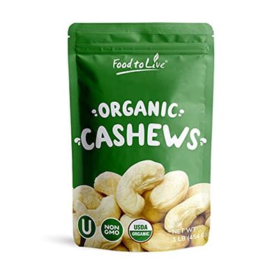Food to Live Organic Raw Cashews, 1 Pound - Non-GMO, Whole, Large, Premium Fancy Nuts, Unsalted, Unroasted, Kosher, Vegan, Bulk, Low Sodium. Good Source of Protein, Copper, Zinc, Selenium, and Thiamin