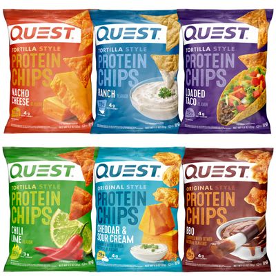 Quest Tortilla Protein Chips, 6 Flavor Variety Pack (1.1 Ounce Each Bag), Spicy Sweet Chili, Ranch, Loaded Taco, Chili lime, and Nacho Cheese, Chedda &amp; Sour Cream