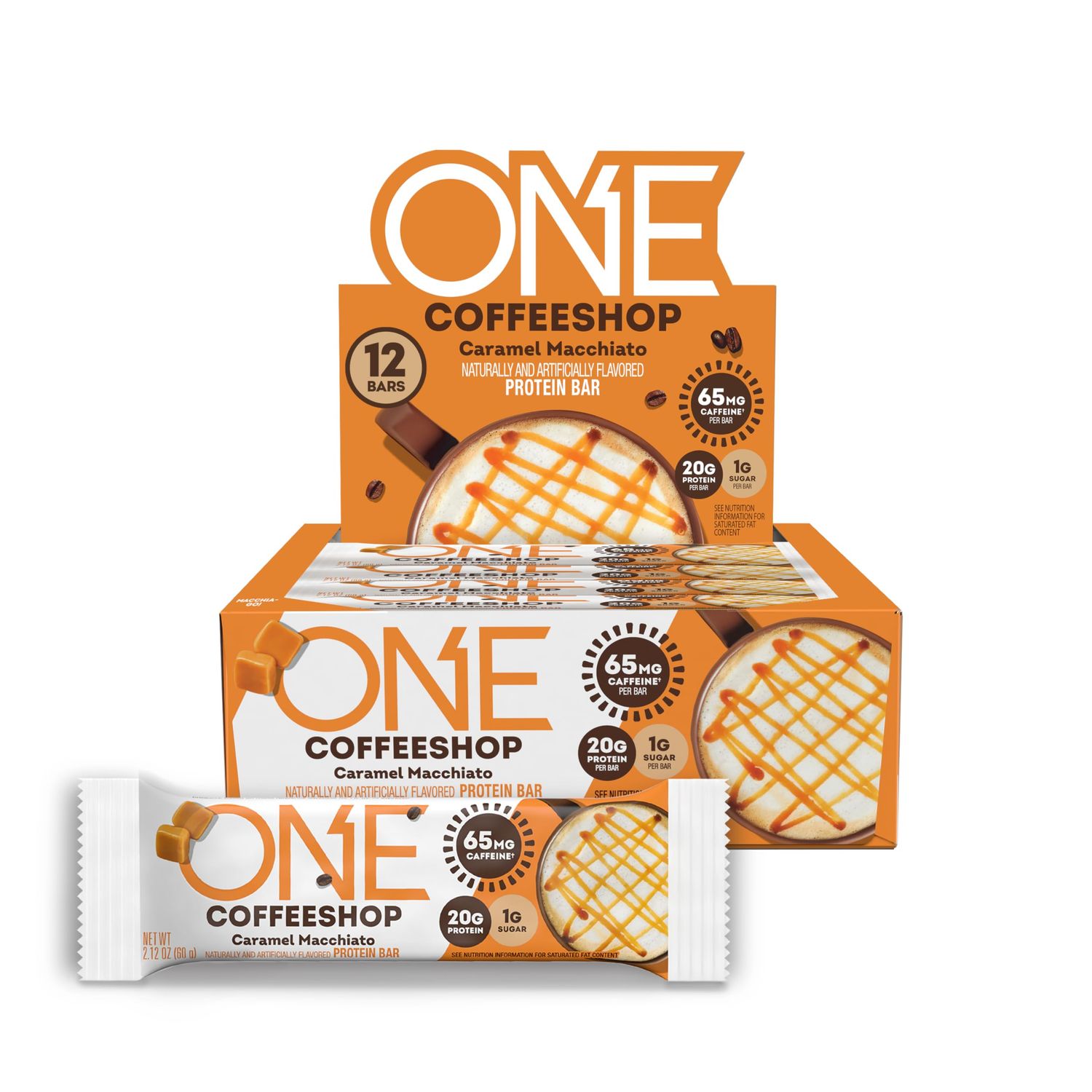 ONE Coffee Shop Caffeinated Protein Bars, Caramel Macchiato, Gluten Free with 20g Protein and 65mg of Caffeine Energy, Pantry Staples, 2.12 oz (12 Count), Packaging May Vary