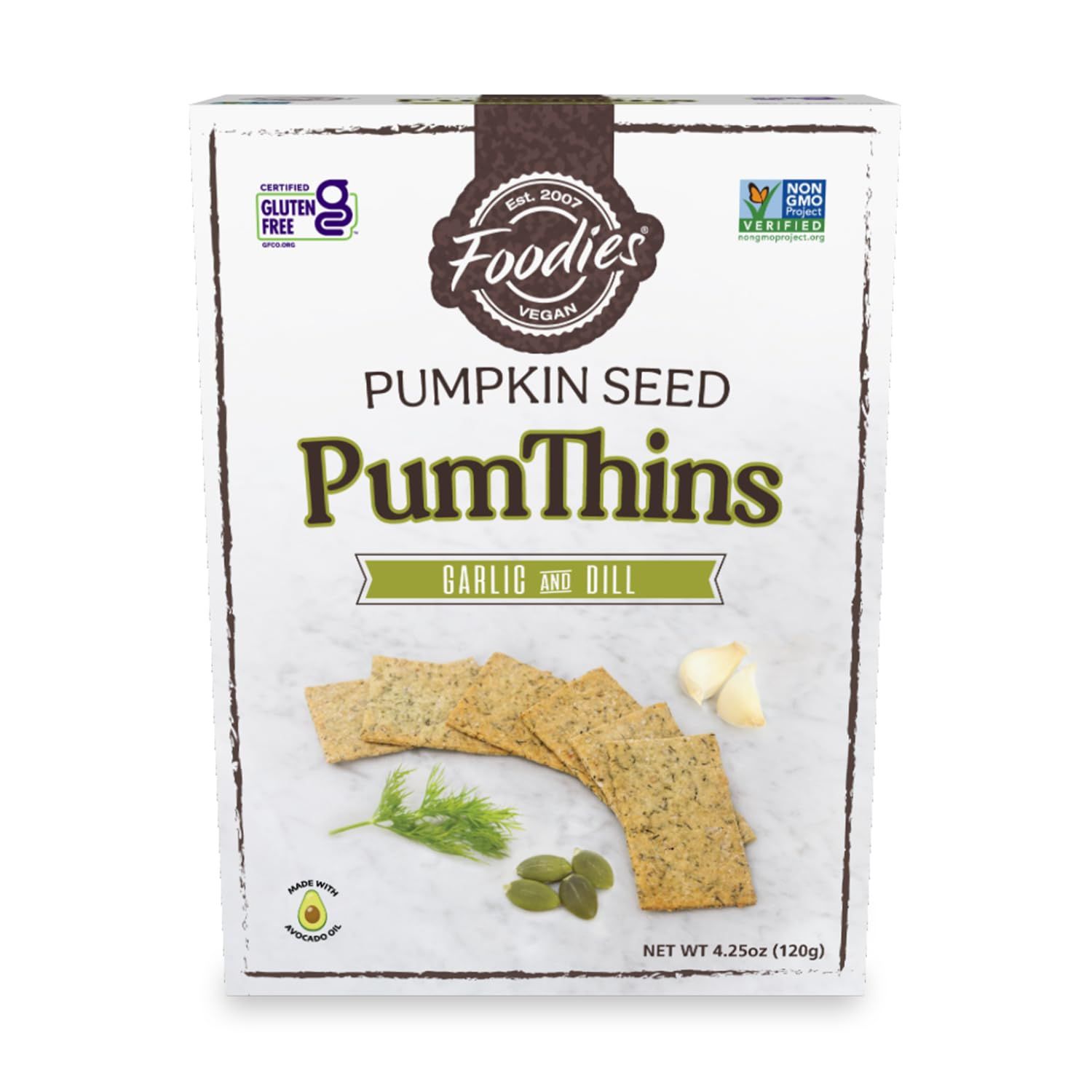 Foodies PumThins Garlic &amp; Dill Crackers, Gluten Free, Made with Organic Pumpkin Seeds, No Seed Oils, Healthy, Paleo Friendly, 4.25 Ounce 1-Pack