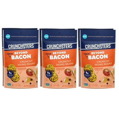 Crunchsters Crunchy Sprouted Mung Beans, Plant-Based Protein Super-Snack and Salad Topper, Gluten-Free, Nut-Free, Vegan, 6g Protein/Serving, 4oz. Bags (6 Pack, Beyond Bacon)