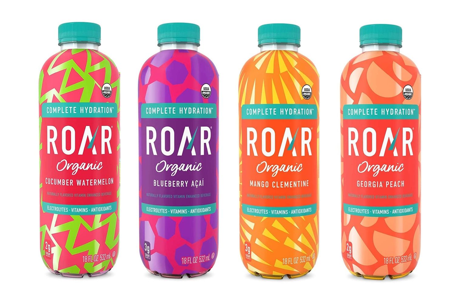 Roar Organic Electrolyte Infusions - 4-Flavor Variety Pack - with Antioxidants, B Vitamins, Low-Sugar, Coconut Water Infused Beverage 18 Fl Oz with Oasis Snacks Sticker (4 Flavor Variety, Pack of 4)