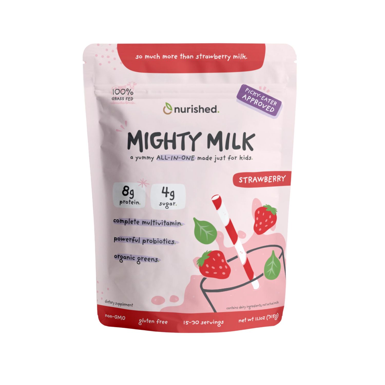 Nurished Mighty Strawberry Milk - Kids All-in-One Daily Protein Powder &amp; Multivitamin Boosted with 2 Billion Probiotics &amp; Organic Spinach - Natural Flavors, Colors &amp; Sweeteners - 15-30 Servings