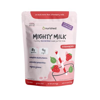 Nurished Mighty Strawberry Milk - Kids All-in-One Daily Protein Powder &amp; Multivitamin Boosted with 2 Billion Probiotics &amp; Organic Spinach - Natural Flavors, Colors &amp; Sweeteners - 15-30 Servings