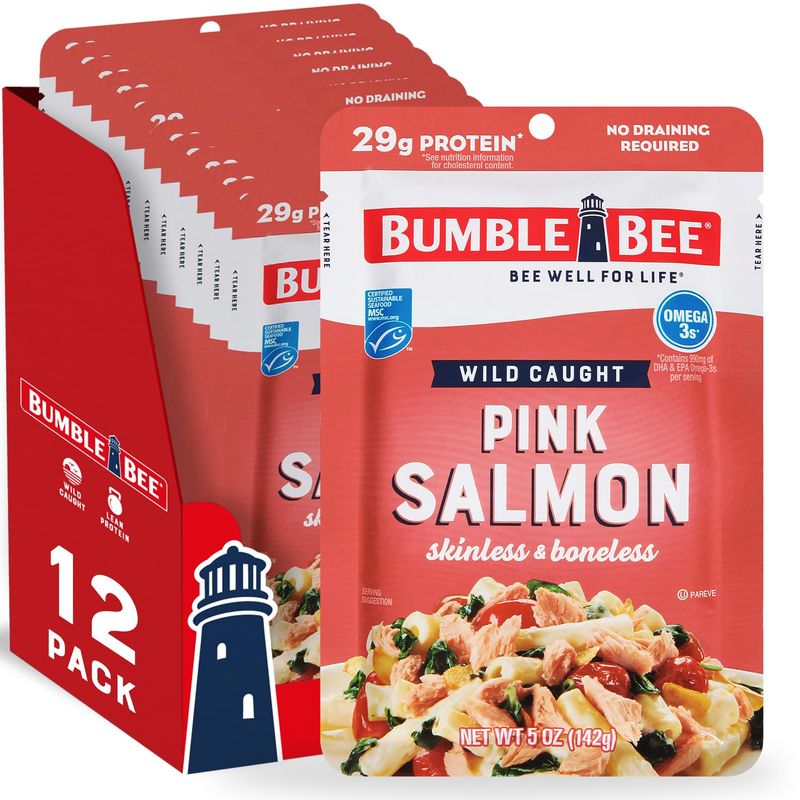 Bumble Bee Skinless &amp; Boneless Pink Salmon, 5 oz Pouch (Pack of 12) - Premium Wild Caught Salmon for Snacks, Sandwiches &amp; Recipes - 29g Protein per Serving - Gluten Free, Kosher, MSC Certified