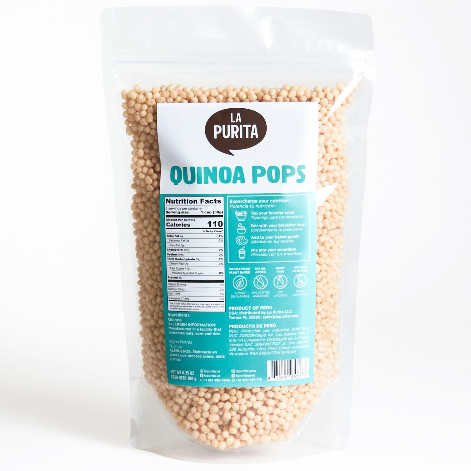 La Purita Quinoa Pops - Puffed Quinua Cereal, Gluten-Free, Vegan Superfood, 6.35 oz (6.35 Ounce (Pack of 1), Unflavored)