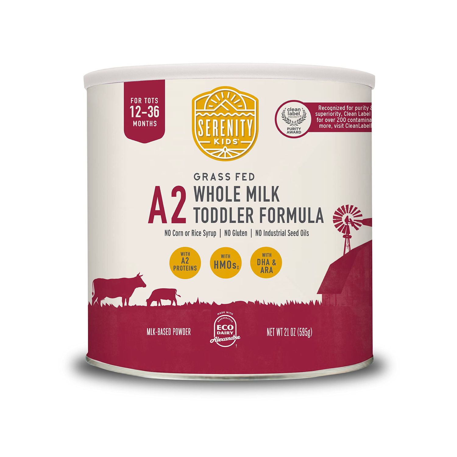 Serenity Kids 12-36 Months Toddler Formula Powder Drink Made w/Grass Fed Organic A2 Whole Milk - Clean Label Project Purity Award Certified - 21 oz Can - 6 Count Whole Milk Powder for Toddler