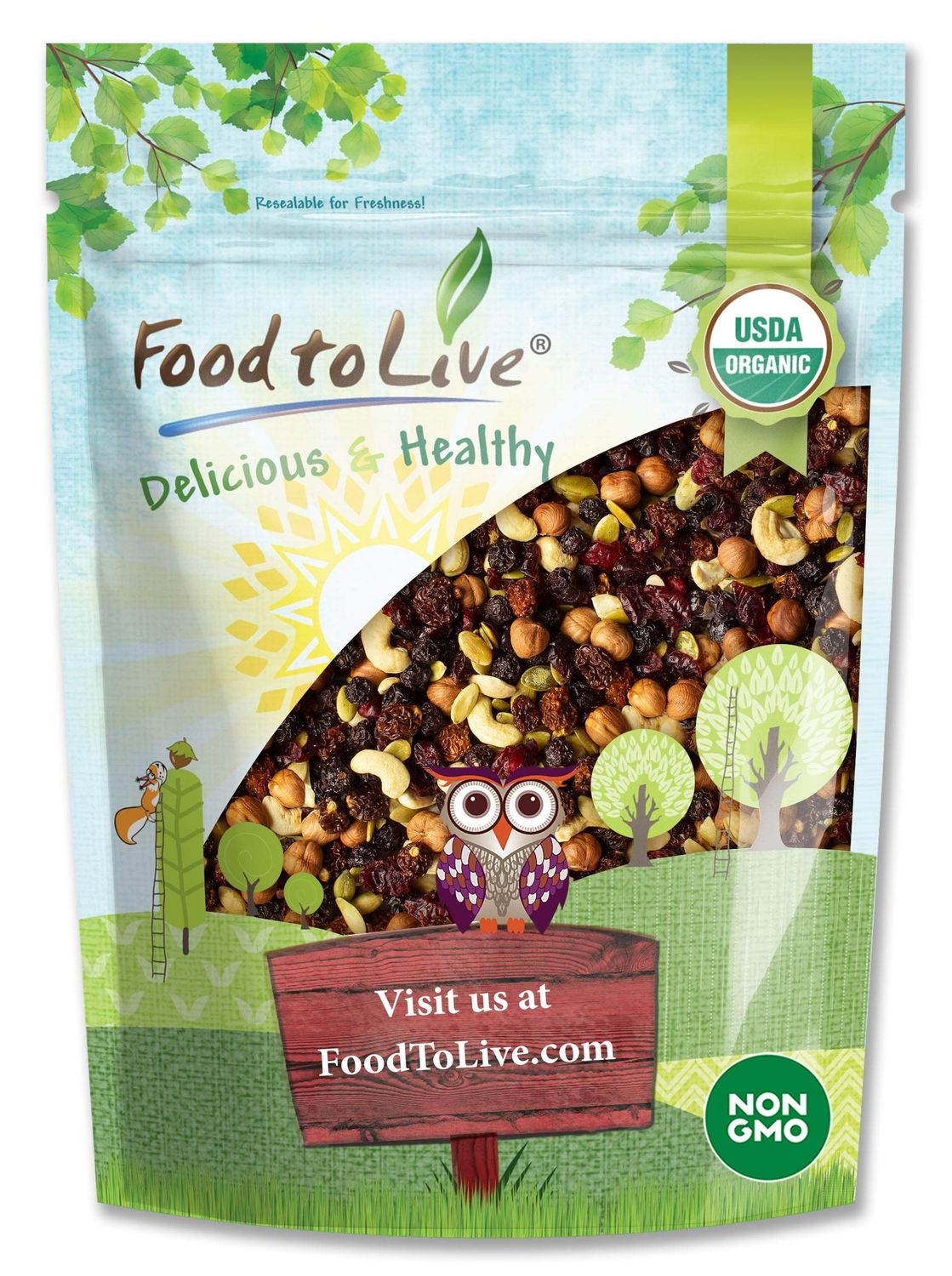 Food to Live - Organic Snack Mix, 2 Pounds - Raw Nuts and Berries with Pumpkin Seeds, Non-GMO, Non-Irradiated, Kosher, Vegan Superfood, Bulk, Great Trail Mix, Rich in Natural Antioxidants