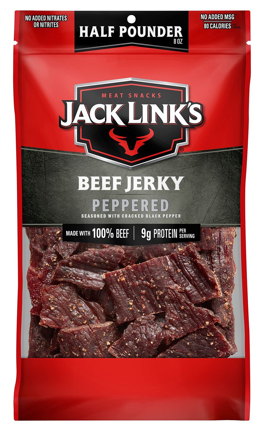 Jack Link&#39;s Beef Jerky, Peppered, Half Pounder Large Jerky Bag - Flavorful Meat Snack, Ready to Eat Protein Snacks with 9g of Protein, Made with 100% Beef, Keto, Paleo &amp; Carnivore Diet Ready