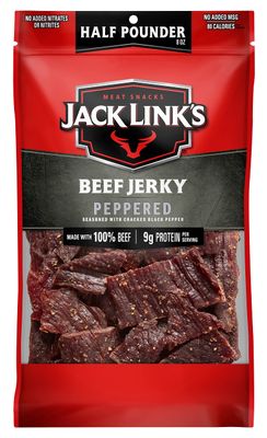 Jack Link&#39;s Beef Jerky, Peppered, Half Pounder Large Jerky Bag - Flavorful Meat Snack, Ready to Eat Protein Snacks with 9g of Protein, Made with 100% Beef, Keto, Paleo &amp; Carnivore Diet Ready