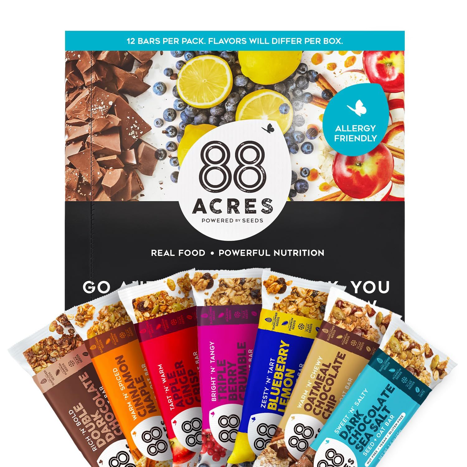 88 Acres Granola Bars  Variety  Gluten Free, Nut-Free Oat and Seed Snack Bar  Vegan &amp; Non GMO  12 Pack