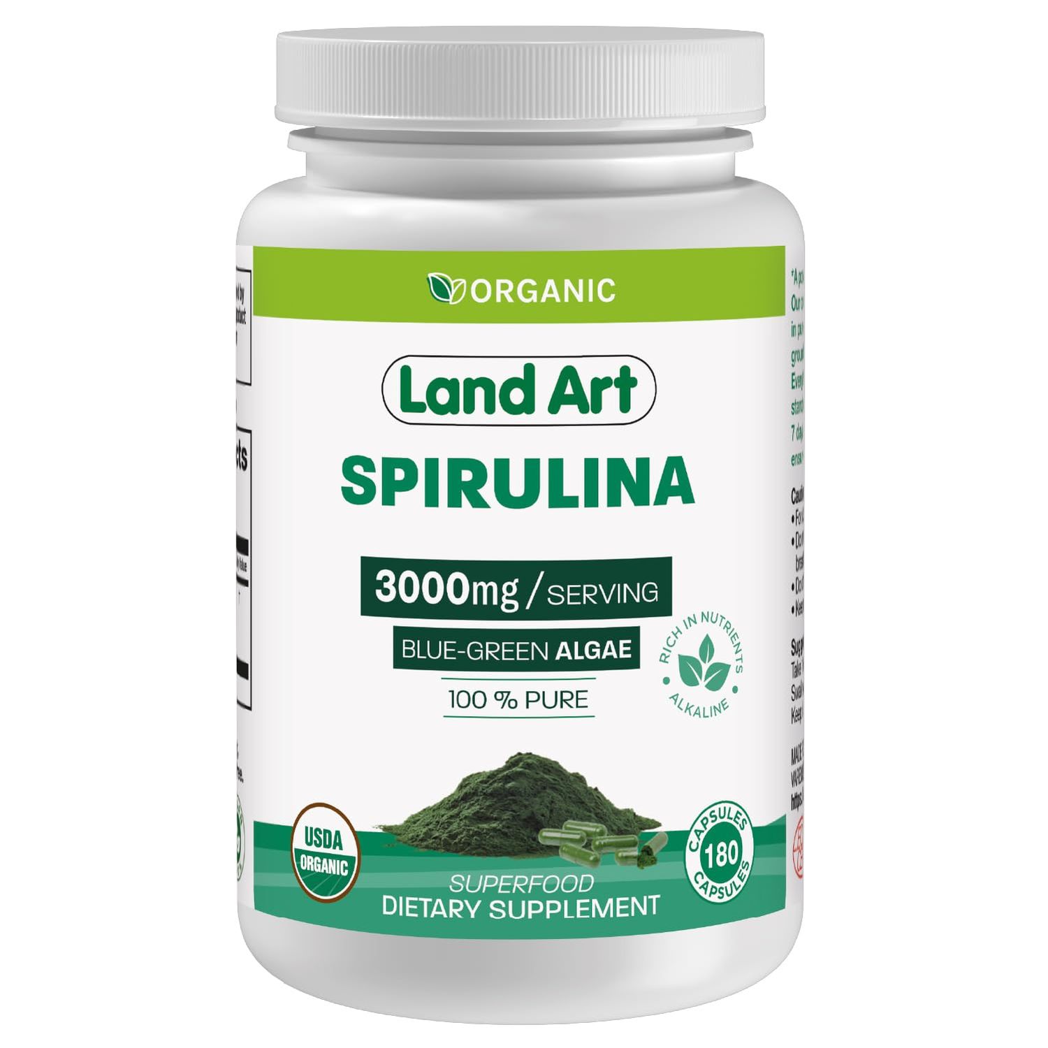 Land Art Certified Organic Spirulina - 180 Capsules - Superfood- Rich in Minerals, Vitamins and proteins - Vegan