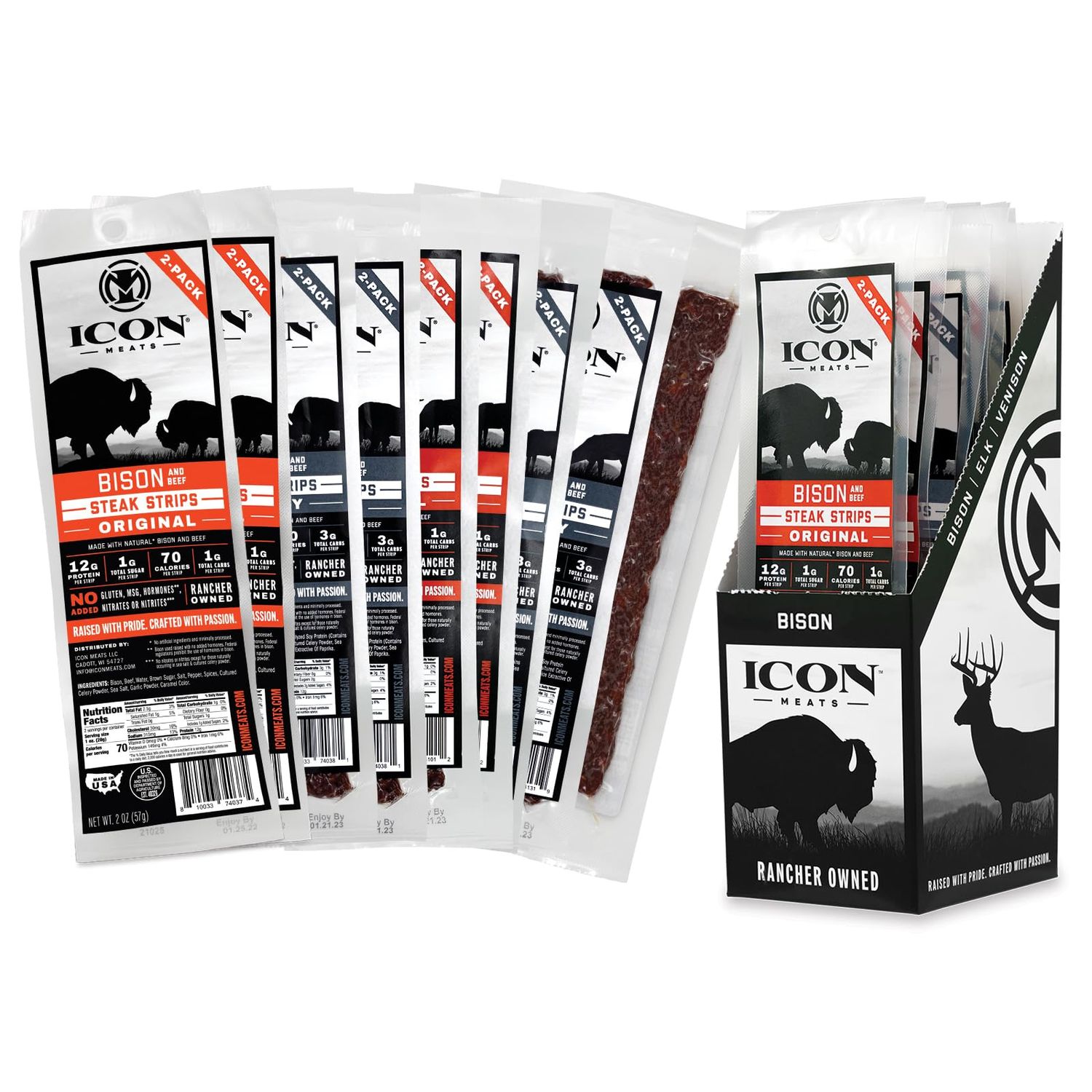 ICON Meats Steak Strips Sampler - Assorted Flavors of Bison, Elk, Venison and Beef Jerky Strips - 8 Packs Per Box, 2 Sticks Per Pack - USDA Approved, All Natural Artisan Meat Sticks