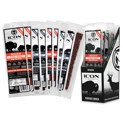 ICON Meats Steak Strips Sampler - Assorted Flavors of Bison, Elk, Venison and Beef Jerky Strips - 8 Packs Per Box, 2 Sticks Per Pack - USDA Approved, All Natural Artisan Meat Sticks