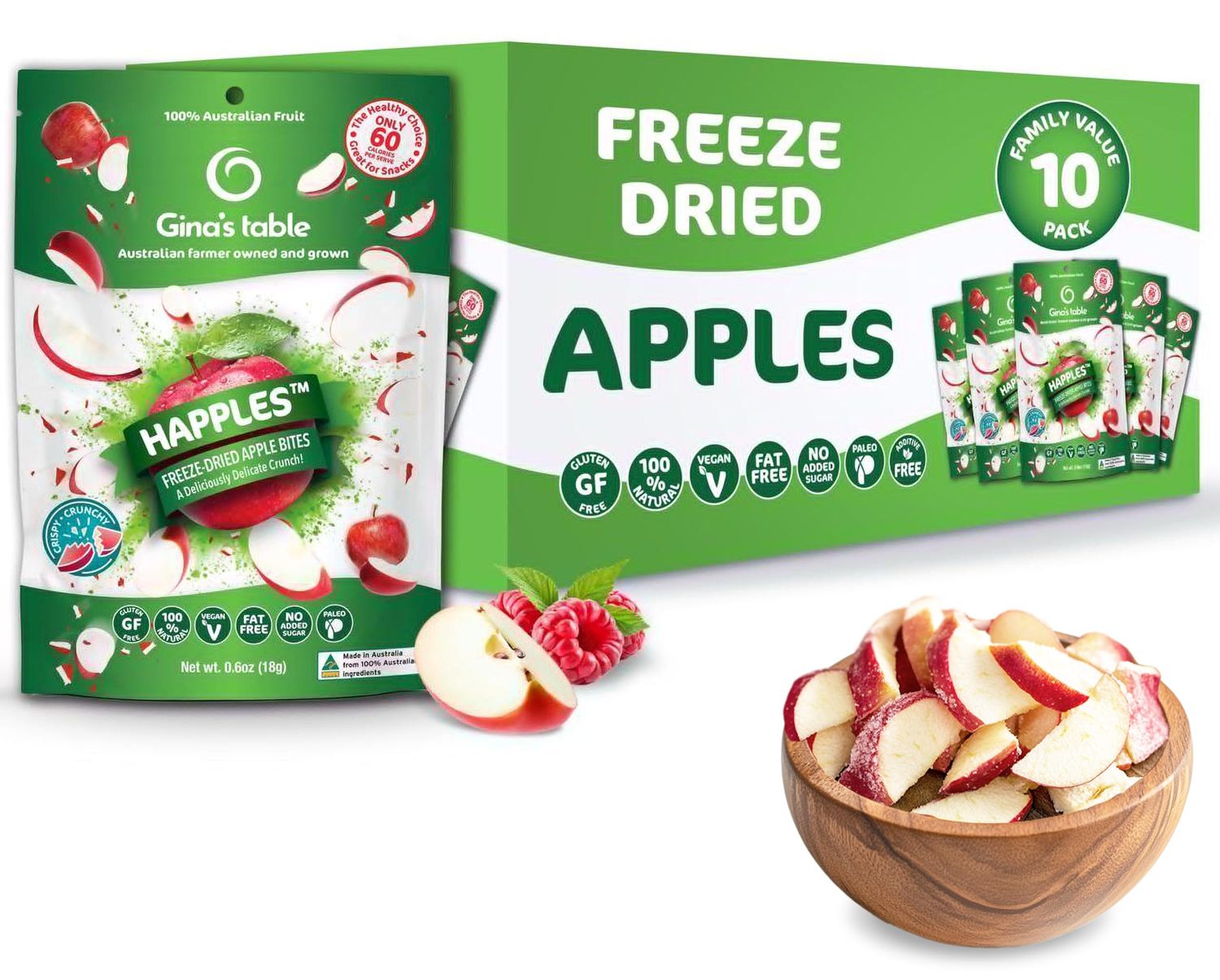 Happles Freeze Dried Apples - 100% Natural, No Added Sugar, Healthy Low Calorie Apple Crisps Snack for Adults &amp; Kids, Gluten Free, No Artificial Flavours (10 Pack)