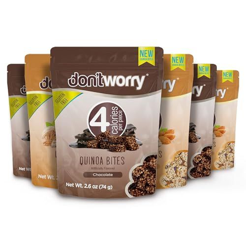 Don&#39;t Worry Chocolate Quinoa Bites - Low Calorie Snacks, Only 4 Calories per Piece, Healthy Granola Mini Bars, Low Carb Quinoa Crisps, Gluten Free Protein Snack - (Almond Pecan, 6 Pack)