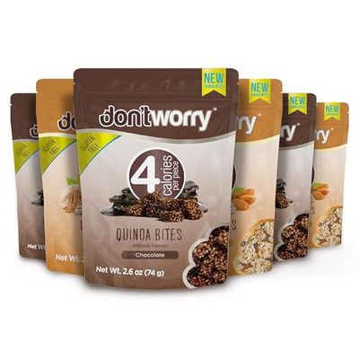 Don&#39;t Worry Chocolate Quinoa Bites - Low Calorie Snacks, Only 4 Calories per Piece, Healthy Granola Mini Bars, Low Carb Quinoa Crisps, Gluten Free Protein Snack - (Almond Pecan, 6 Pack)