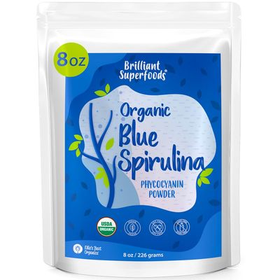 Organic Blue Spirulina Powder - 8oz - Odorless - from Blue Green Algae - Vegan, Non GMO, Gluten-Free, Dairy-Free - USDA Certified Natural Blue Coloring for Smoothies &amp; Protein Drinks