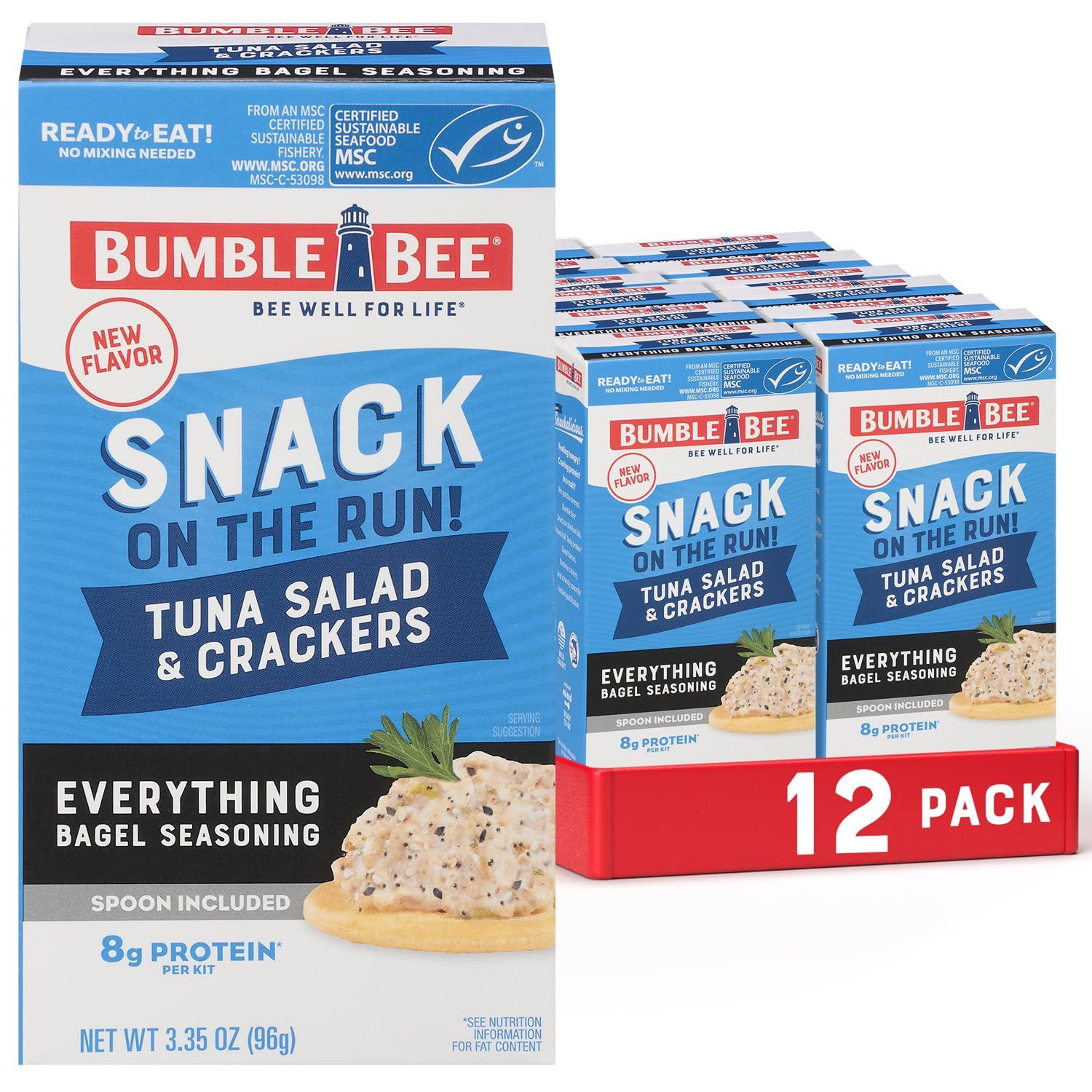 Bumble Bee Snack On The Run Everything Bagel Seasoning Tuna Salad With Crackers Kit, 3.35 oz (Pack of 12) - Ready To Eat, Spoon Included - Wild Caught Tuna - Shelf Stable &amp; Convenient Protein Snack
