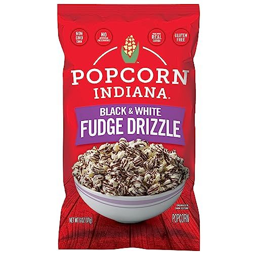 Popcorn Indiana Black &amp; White Fudge Drizzle - Gourmet Chocolate Popcorn Snacks in Individual Bags, 6 Oz (6 Pack)