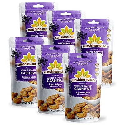 Sunshine Nut Co. Whole Roasted Lightly Salted Cashews, Sugar and Spice Flavor, 6 Pack, 7 oz. Each, Gluten Free, Peanut Free and Vegan Individual Snack Packs for Kids and Adults, GMO Free