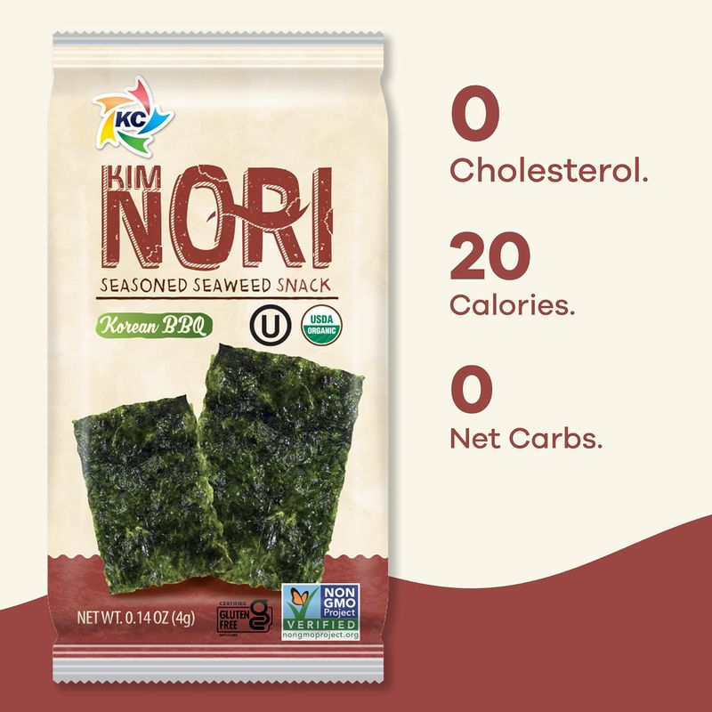KIMNORI Seasoned Seaweed Snacks Sheets - Organic Korean BBQ Flavor 24 Individual Packs Roasted Crispy Premium 100% Natural Laver Kim Nori 4g 0.14 Ounce